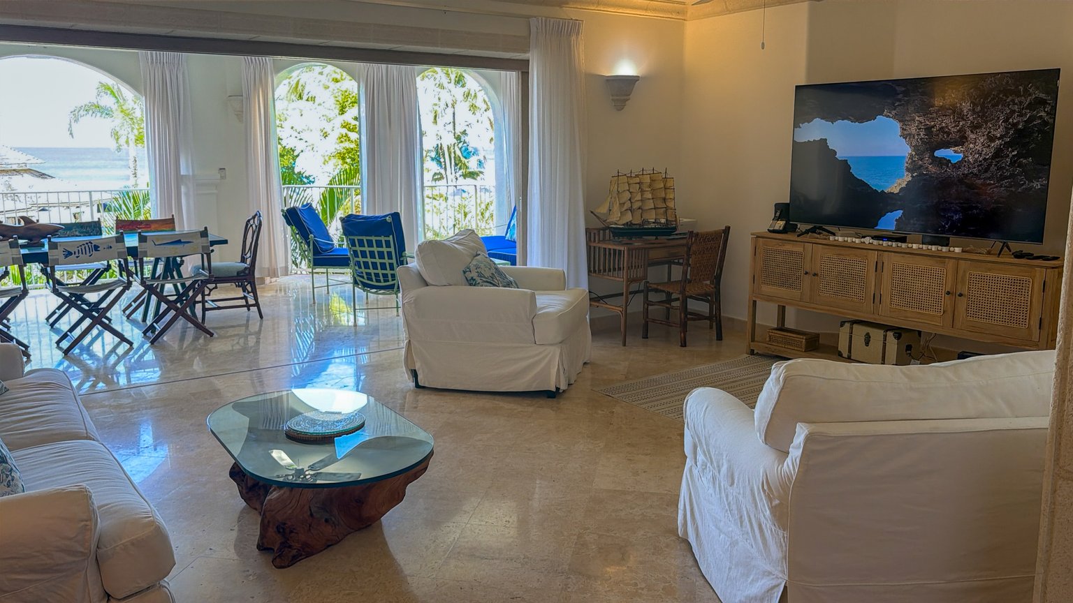 Living room at Saint Peter's Bay with sea views